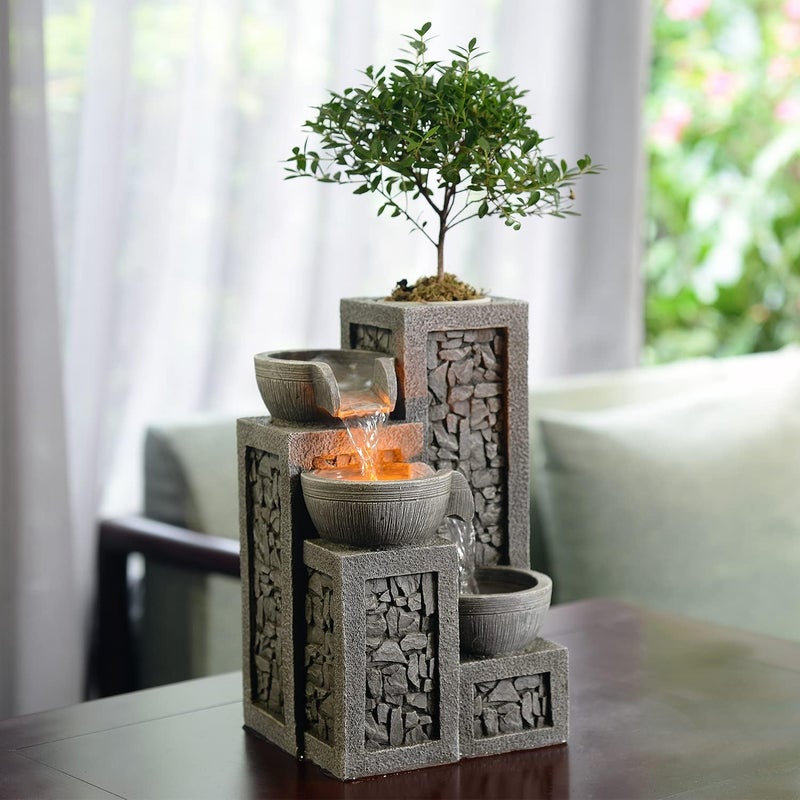 Kalona Indoor Tabletop Water Fountain – 3-Tier Resin Waterfall with LED Lights, Mini Bonsai Planter & Cascading Water Flow – Soothing Desk Fountain for Home, Office, Meditation Decor​(22024) - Image 1